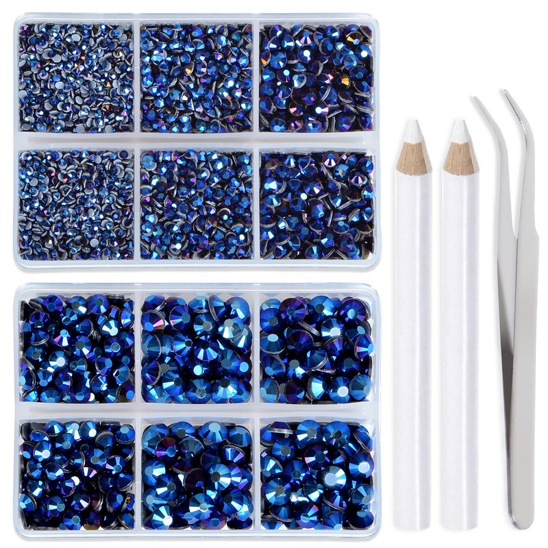 LPBeads 6400 Pieces Black AB Hotfix Rhinestones Flat Back 5 Mixed Sizes Crystal Round Glass Gems with Tweezers and Picking Rhinestones Pen - Image 1